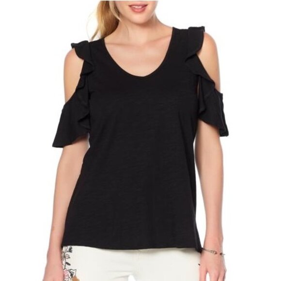 DG2 Diane Gilman Slub Cold Shoulder Ruffle Top - Picture 1 of 4